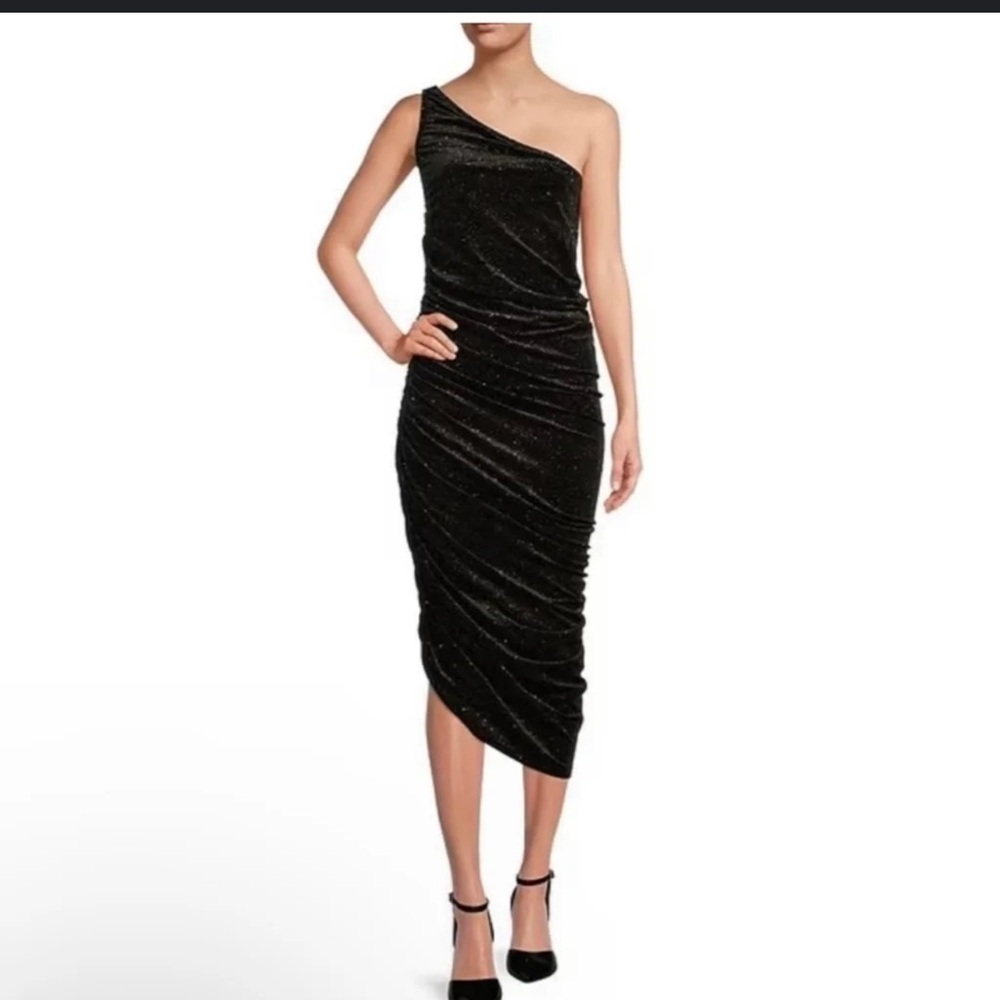Gibson⭐️Latimer black silver glimmer rugged one shoulder party dress Sz M
